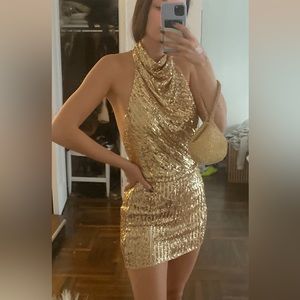Mini Sequins Gold Halter Mini Dress